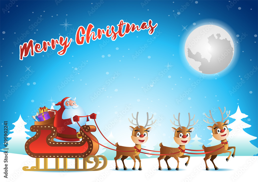 santa claus and reindeer begin to fly to send gift at xmas night,vector illustration