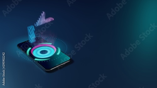 3D rendering neon holographic phone symbol of thumb up button icon on dark background