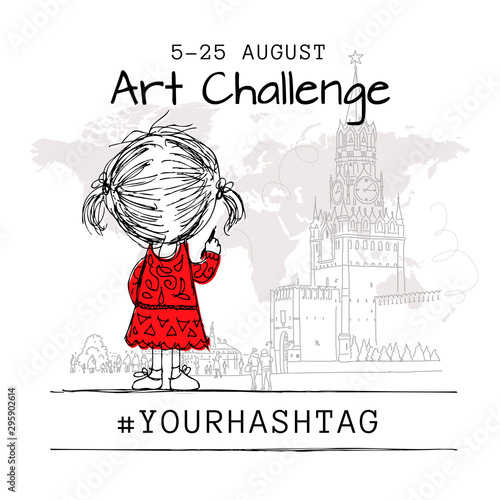 Girl draws Moscow city, art challenge poster design