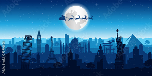 santa claus fly over world famous landmark to send gift to everyone,vector illustration