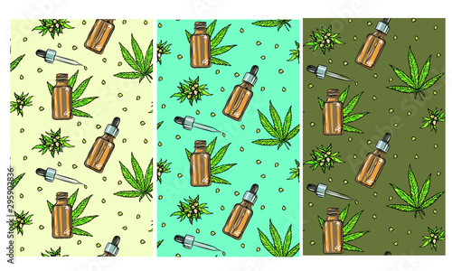 Cannabis sativa or cannabis indica plant. Marijuana leaves and seeds. Medical and cosmetic herbs. Botanical vector illustration.