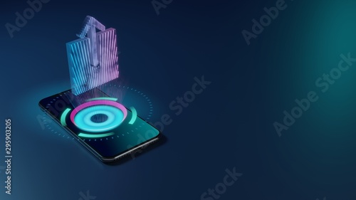 3D rendering neon holographic phone symbol of upload icon on dark background
