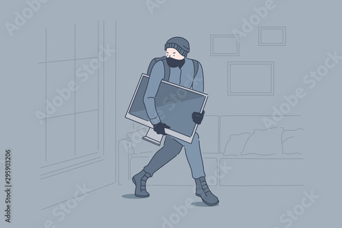 Burglary, crime, robbery, theft concept. Robber stealing TV set from apartment, lawbreaker, masked thief, housebreaker sneaking with tv set in darkness. Simple flat vector