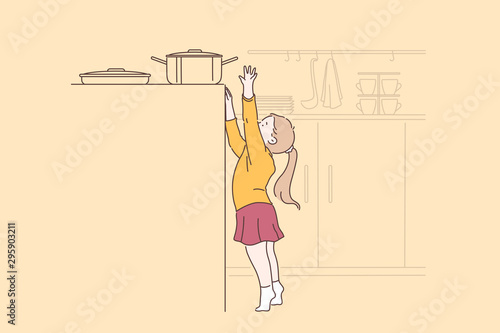Danger, curiosity, carelessness concept. Small child girl inadvertently tries to take a hot pot on the gas stove. Safety baby at home. Baby is not under the supervision of parents. Vector flat design.