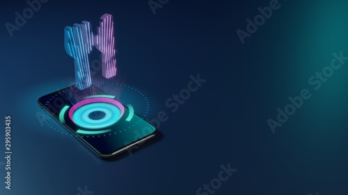 3D rendering neon holographic phone symbol of utensils icon on dark background