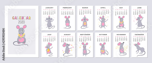 2020 vector calendar with cute hand drawn rats.Monthly creative calendar . Year of the rat. Week starts on Sunday.Vector illustration