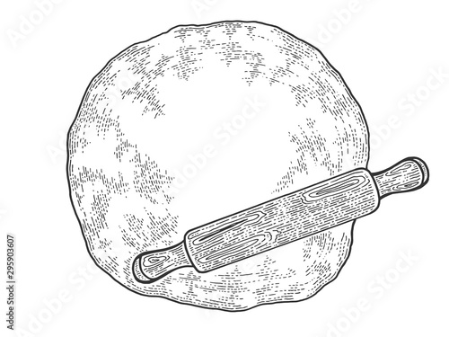Rolling pin and dough sketch engraving vector illustration. Cooking bread bakery product. T-shirt apparel print design. Scratch board style imitation. Black and white hand drawn image.