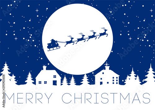 silhouette reindeer with Santa Claus fly above village at night scene and big full moon