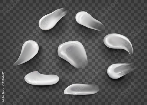 Set of special effects. Blank Strokes. blank liquid .Cosmetic white cream for skin of different shapes and sizes Isolated On transparent Background. smudges white.concealer, cream strokes. Vector
