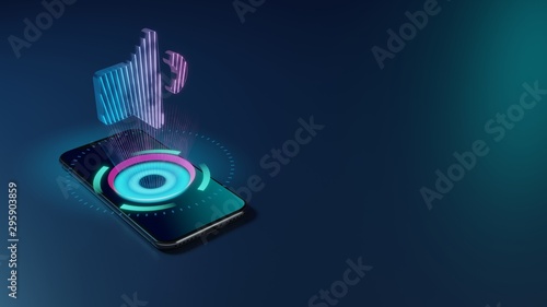 3D rendering neon holographic phone symbol of volume down icon on dark background