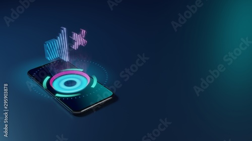 3D rendering neon holographic phone symbol of volume mute icon on dark background