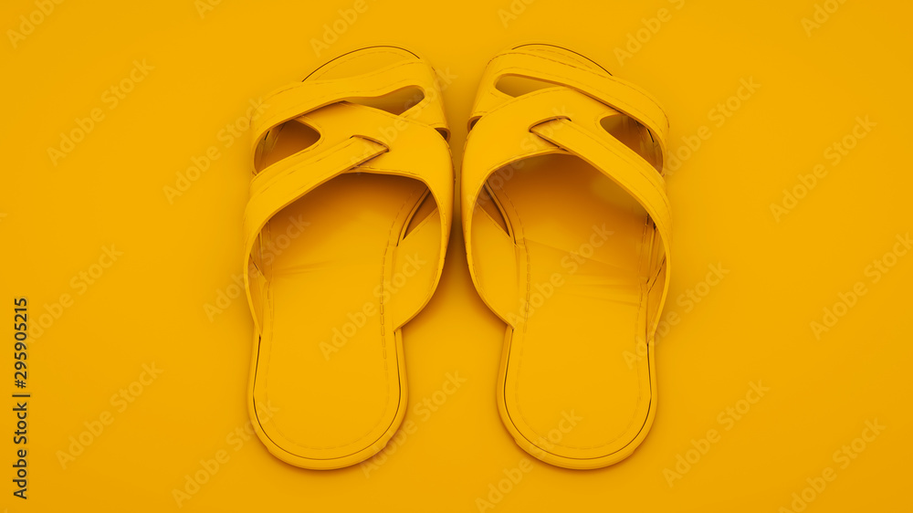 Flip flops isolated on yellow background. 3d illustration. Summer concept Flip flops isolated on yellow background. 3d illustration. Summer concept