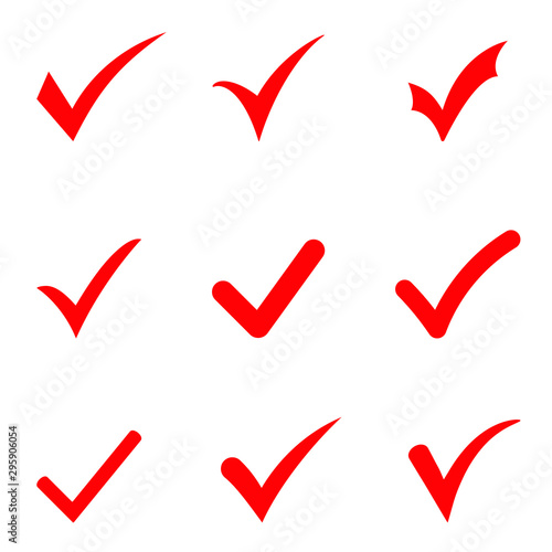 Set of red tick icons. Vector red confirm icons set on white background