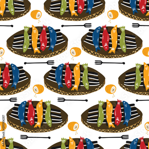 Grilled Sardines Fish Seamless Vector Pattern. Traditional BBQ Motif for Lisbon St Anthony Portugese Food Festival. Graphic for Hot Barbeque Recipe, Healthy Portugal Seafood Background. All Over Print