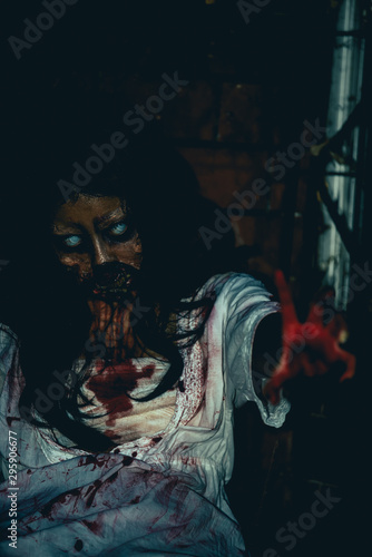 Portrait of asian woman make up ghost face Horror scene Scary background Halloween poster