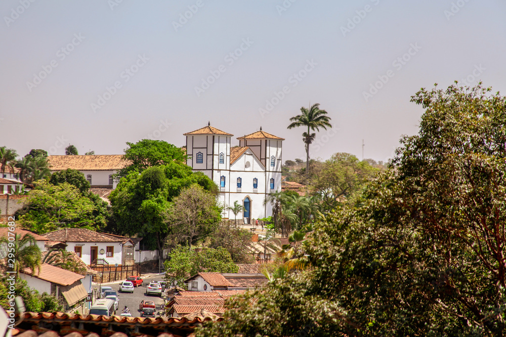 Pirenopolis, Goias, Brazil, October 18, 2019: The landscape at the end of the day and the towers of Nossa Senhora do Rosário Church in the historic center of Pirenopolis Pirenopolis, Goias, Brazil, October 18, 2019: The landscape at the end of the day and the towers of Nossa Senhora do Rosário Church in the historic center of Pirenopolis