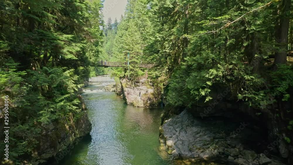 Beautiful nature drone shot flying between the cliffs and trees above the Capilano River in Vancouver, revealing a footbridge - British Columbia Beautiful nature drone shot flying between the cliffs and trees above the Capilano River in Vancouver, revealing a footbridge - British Columbia