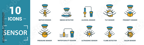 Sensor icon set. Include creative elements water quality sensor, smoke detector, gas, rain sensor, humidity sensor icons. Can be used for report, presentation, diagram, web design