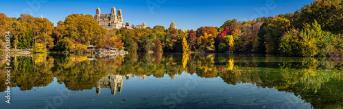The Lake in Central Park with full autumn colors. Panoramic morning view on an early Fall morning. Upper West Side, Manhattan, New York City, NY, USA