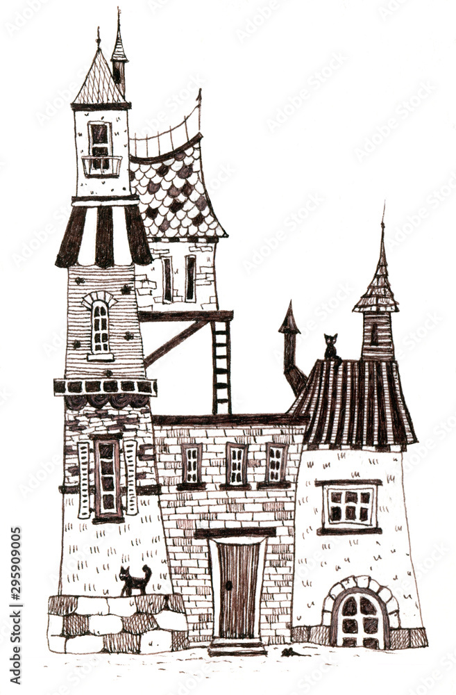 Old victorian house with cats. Hand drawn ink pen illustration.