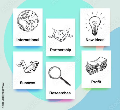 Set of business objects. Planet Earth, handshake, light bulb, arrow up, magnifying glass and stack of money. Vector templates.