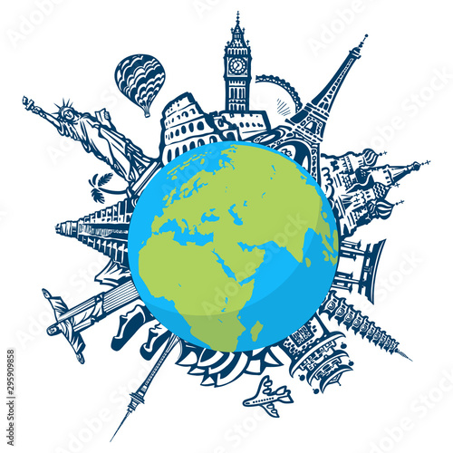 Famous world landmarks located around the globe isolated on white background. Design for travel and tourism. Hand drawn vector illustration in sketch style.
