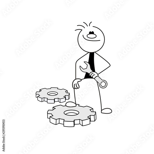Doodle stick figure: Man or businessman  with gears and wrench. Hand drawn cartoon vector illustration for business design and infographic.