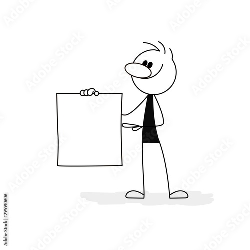 Doodle stick figure: Man or businessman hold a sheet of paper pointing to it. Hand drawn cartoon vector illustration for business design.