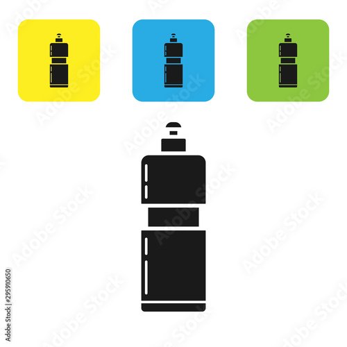 Black Plastic bottle for liquid laundry detergent, bleach, dishwashing liquid or another cleaning agent icon isolated on white background. Set icons colorful square buttons. Vector Illustration