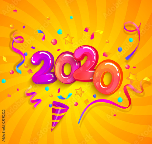 Party in new 2020 year with cracker confetti,serpentine sparkles for holiday congratulations,celebration,greetings,invitations for evening parties.Fun exploding template on sunburst background.