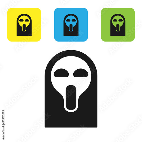 Black Funny and scary ghost mask for Halloween icon isolated on white background. Happy Halloween party. Set icons colorful square buttons. Vector Illustration