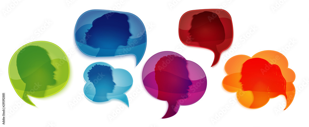 Speech bubble. Communicate group of diverse people. Talk in social networks or community. Network information. Communication silhouette profile. Talking. Speak. Heads of people Speech bubble. Communicate group of diverse people. Talk in social networks or community. Network information. Communication silhouette profile. Talking. Speak. Heads of people