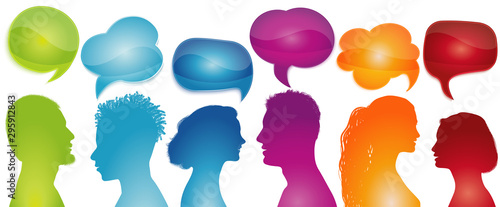Group of diverse people silhouette profile talking. Speech bubble. Social network. Talk in the community. Concept communication. Inform. Friends chatting. Networking. Rainbow colors