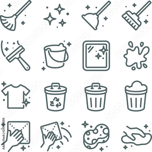 Clean icons set vector illustration. Contains such icon as Recycle, Cleaning, Clean Bucket, and more. Expanded Stroke
