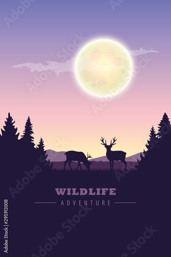 wildlife adventure elk in the wilderness at night by full moon vector illustration EPS10