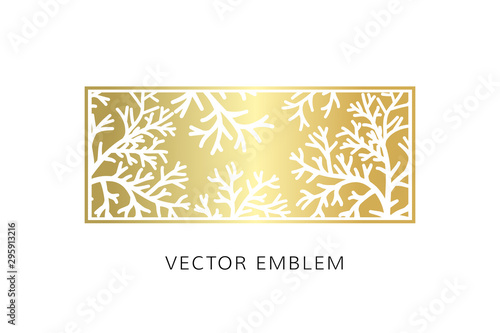 Corals reef golden emblem. Vector decoration with underwater aquarium decoration elements.