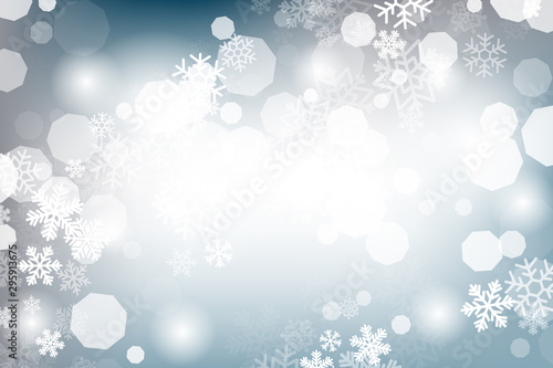 Winter glowing background. Vector holiday banner with lights  bokeh and snowflakes. Seasonal soft backdrop.