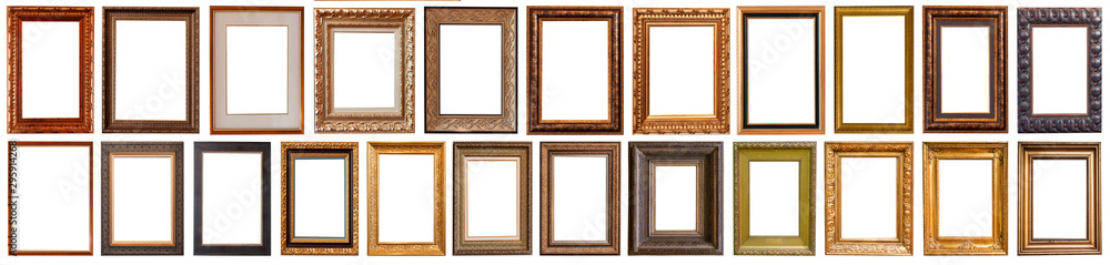 Collection of golden picture frames isolated on white background set - obrazy, fototapety, plakaty 