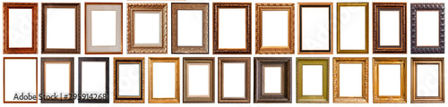 Collection of golden picture frames isolated on white background set