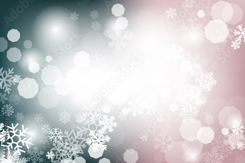 Winter glowing background. Vector holiday banner with lights  bokeh and snowflakes. Seasonal soft backdrop.