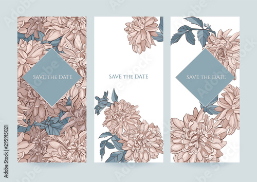 Floral card template design, chrysanthemum flowers on white background, card for valentine's day, mother's day, vintage style