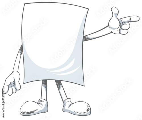 Vector illustration character of blank paper sheet, with finger and pointing at blank space isolated on white background
