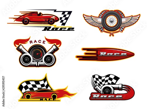 Racing cars, speedometer and flag. Motor sport