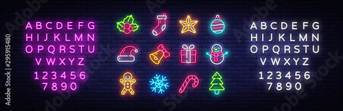 Christmas neon icons set. Happy Christmas collection light signs. Sign boards, light banner. Xmas Neon isolated icons, emblem, design template. Vector Illustration. Editing text neon sign