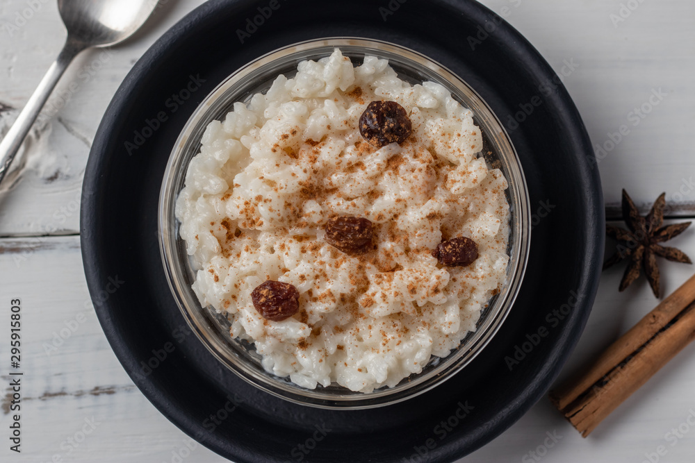 Peruvian rice with milk dessert with cinnamon, Traditional sweet food.  Arroz con leche.