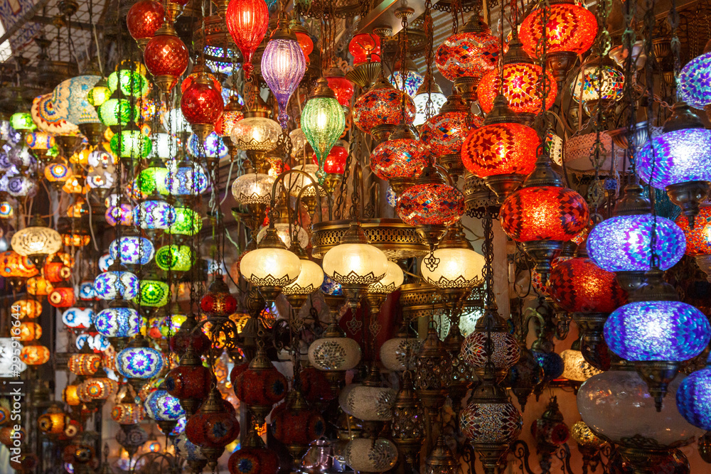 Turkish traditional lanterns, lamps Grand bazaar Istanbul. Glass, colorful, traditional, decorative Turkish lamps hang on the ceiling in the store