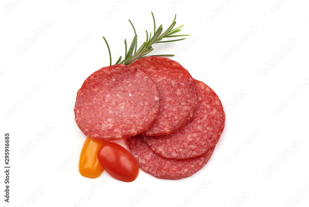 Salami sliced. Raw smoked sausage slices with herbs and spices, isolated on white background Salami sliced. Raw smoked sausage slices with herbs and spices, isolated on white background