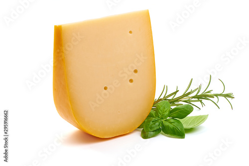 Obraz na płótnie Hard Dutch gouda cheese, isolated on white background