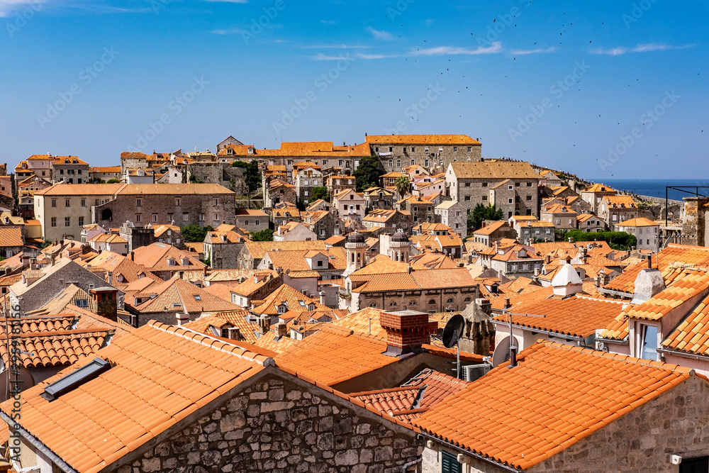 Old stone houses with red roofs in old historic Dubrovnik city, stone city walls in background on sunny summer day with seagulls, Dalmatia, Croatia, the most popular touristic destination