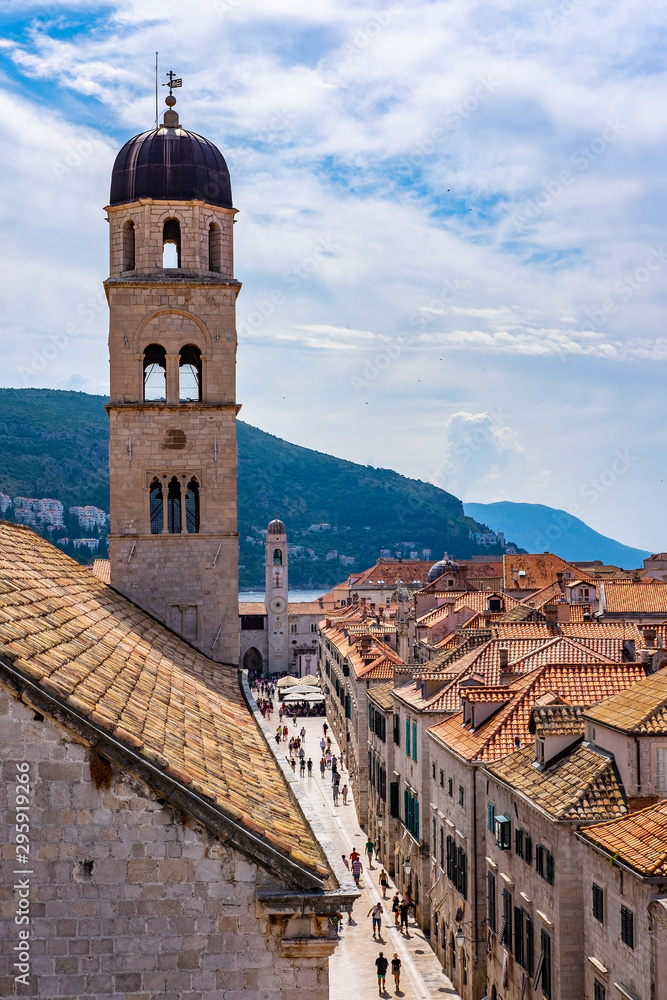 Stradun street, the main street in Dubrovnik, Dalmatia, Croatia, sunny summer day, the most popular touristic travel destination  